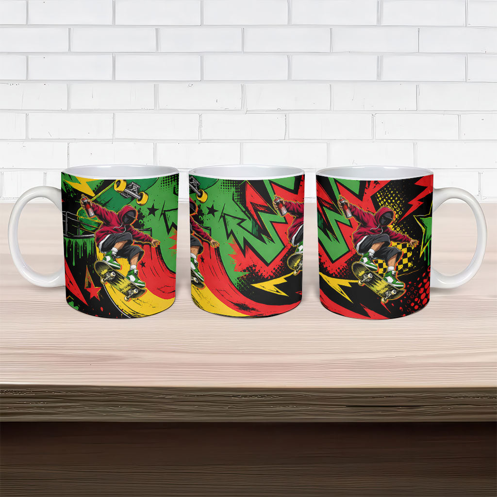 Skateboarder Spray Painter Ceramic Mug Rasta Colors Graffiti Streetwear Pop Art Graphic