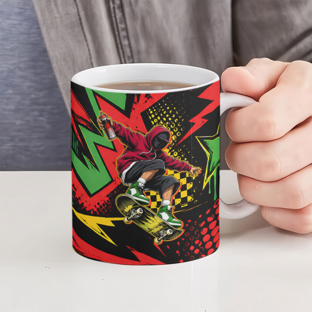 Skateboarder Spray Painter Ceramic Mug Rasta Colors Graffiti Streetwear Pop Art Graphic
