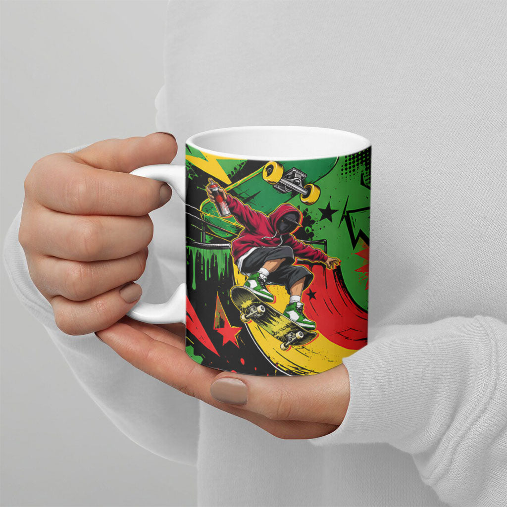 Skateboarder Spray Painter Ceramic Mug Rasta Colors Graffiti Streetwear Pop Art Graphic