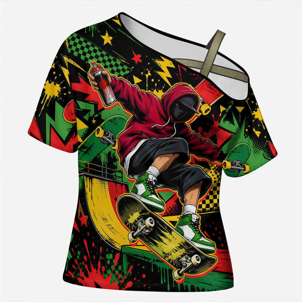 Skateboarder Spray Painter Cross Shoulder Shirt Rasta Colors Graffiti Streetwear Pop Art Graphic