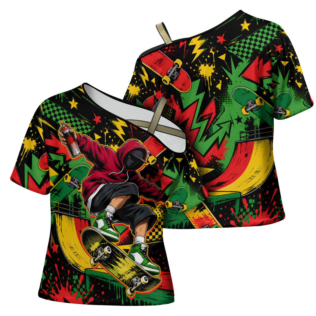 Skateboarder Spray Painter Cross Shoulder Shirt Rasta Colors Graffiti Streetwear Pop Art Graphic