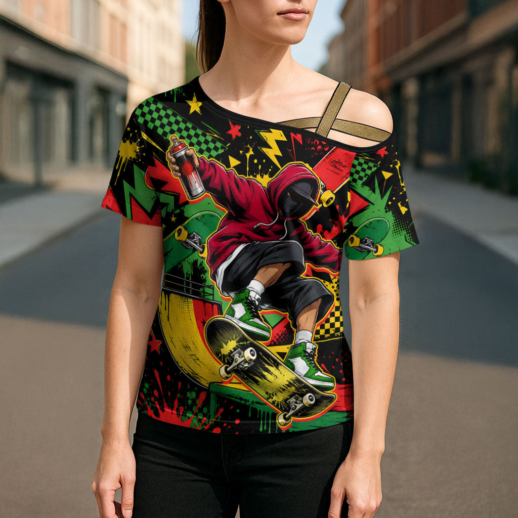 Skateboarder Spray Painter Cross Shoulder Shirt Rasta Colors Graffiti Streetwear Pop Art Graphic