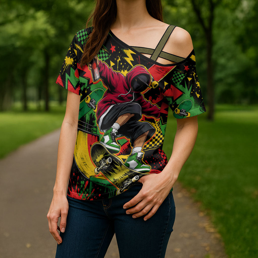 Skateboarder Spray Painter Cross Shoulder Shirt Rasta Colors Graffiti Streetwear Pop Art Graphic