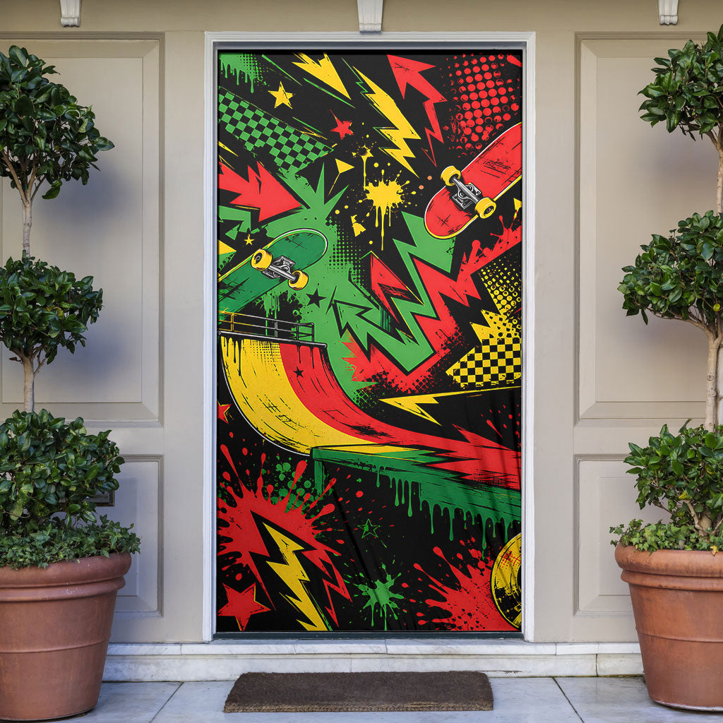 Skateboarder Spray Painter Door Cover Rasta Colors Graffiti Streetwear Pop Art Graphic