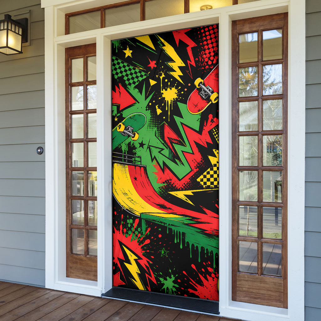 Skateboarder Spray Painter Door Cover Rasta Colors Graffiti Streetwear Pop Art Graphic