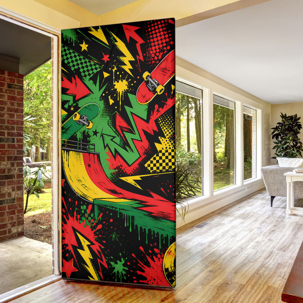 Skateboarder Spray Painter Door Cover Rasta Colors Graffiti Streetwear Pop Art Graphic