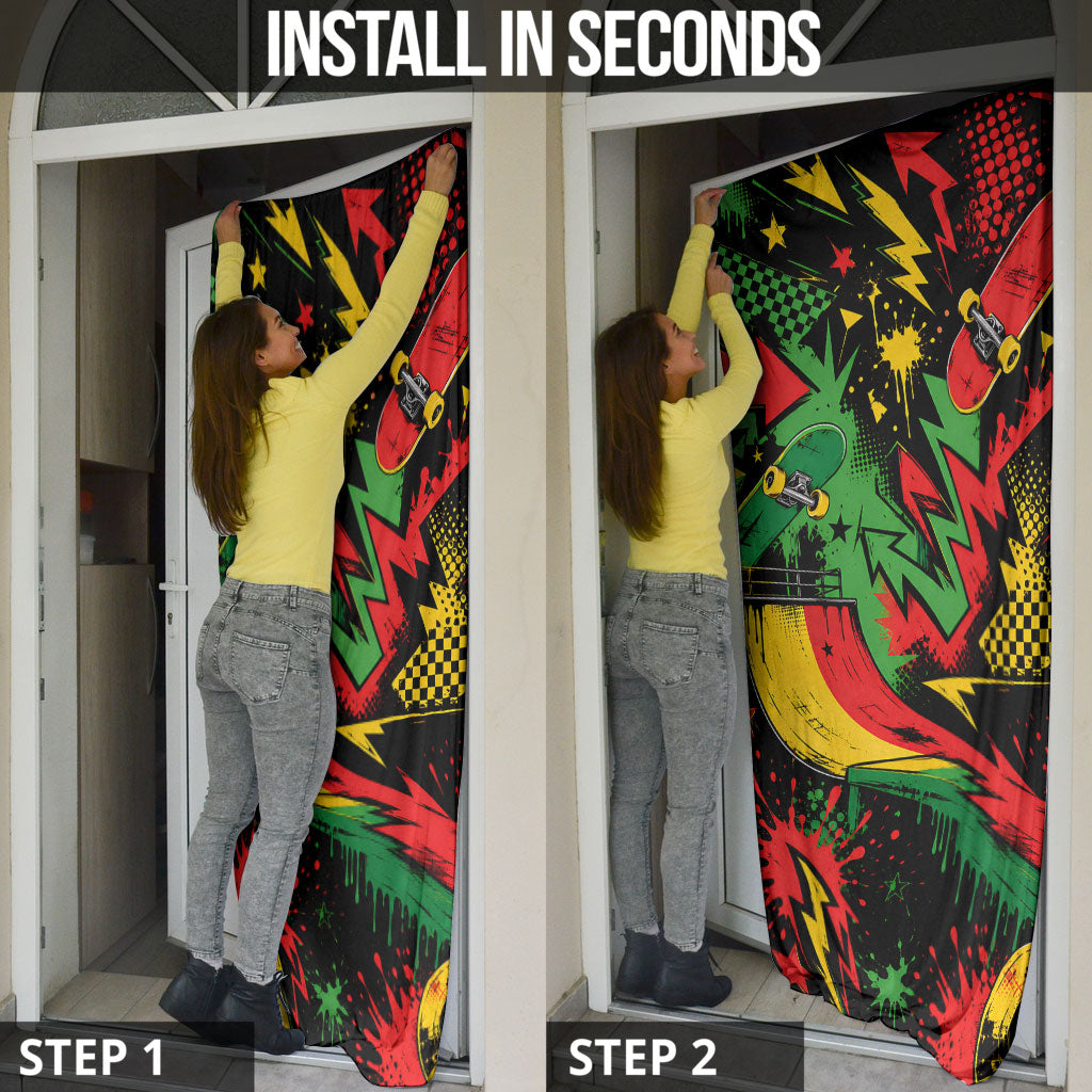 Skateboarder Spray Painter Door Cover Rasta Colors Graffiti Streetwear Pop Art Graphic