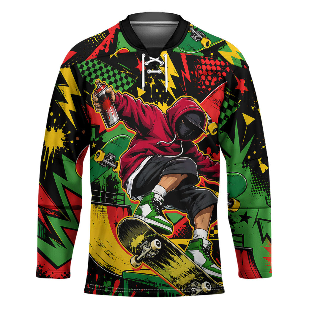 Skateboarder Spray Painter Hockey Jersey Rasta Colors Graffiti Streetwear Pop Art Graphic