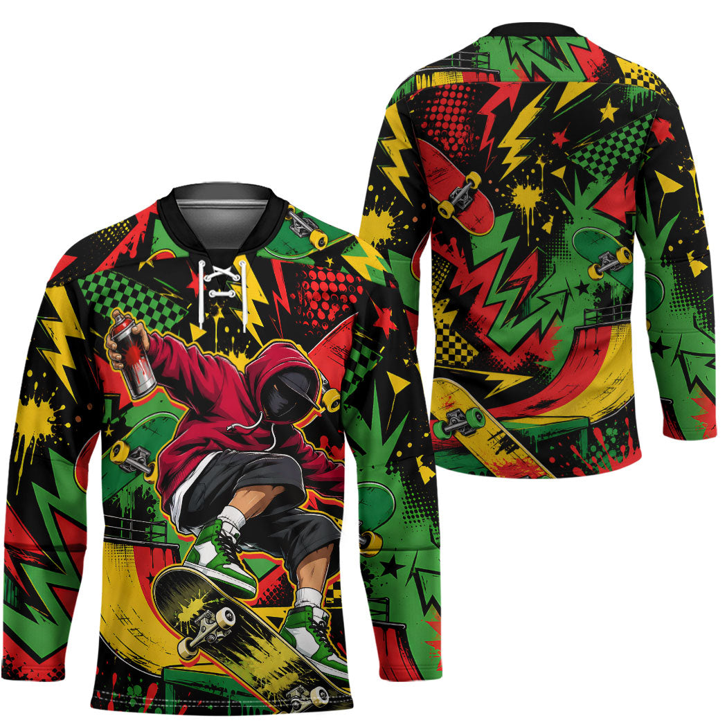 Skateboarder Spray Painter Hockey Jersey Rasta Colors Graffiti Streetwear Pop Art Graphic