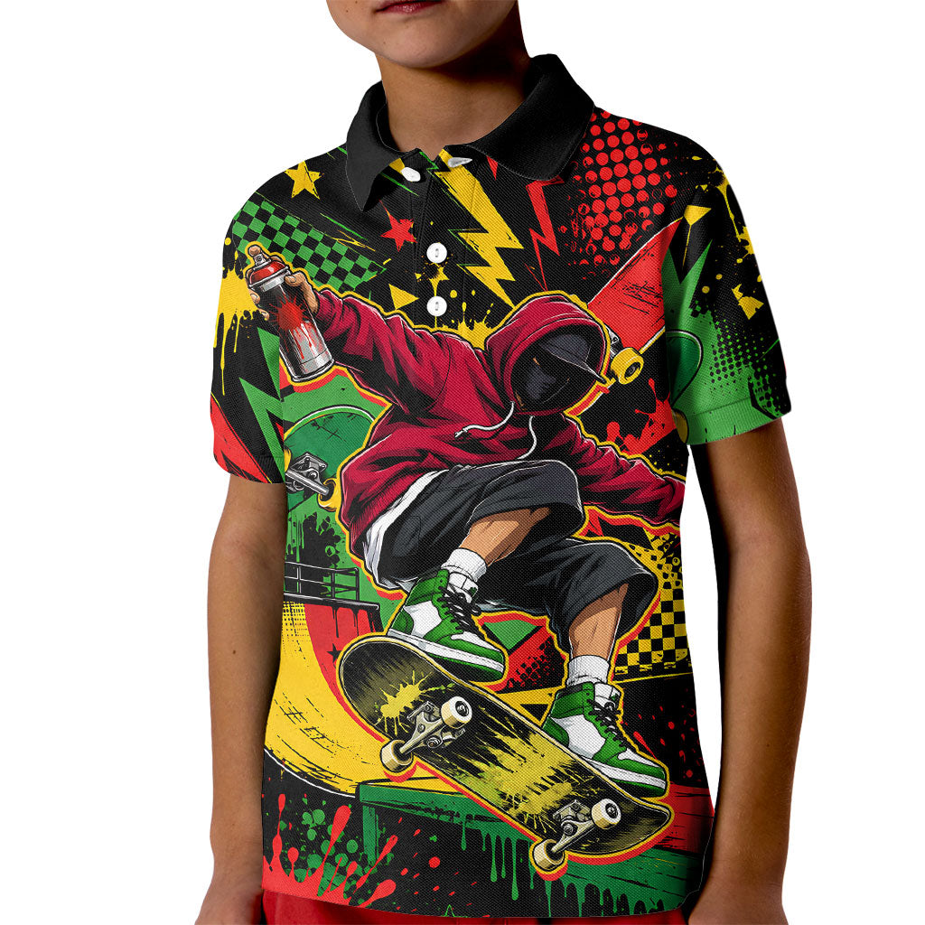 Skateboarder Spray Painter Kid Polo Shirt Rasta Colors Graffiti Streetwear Pop Art Graphic