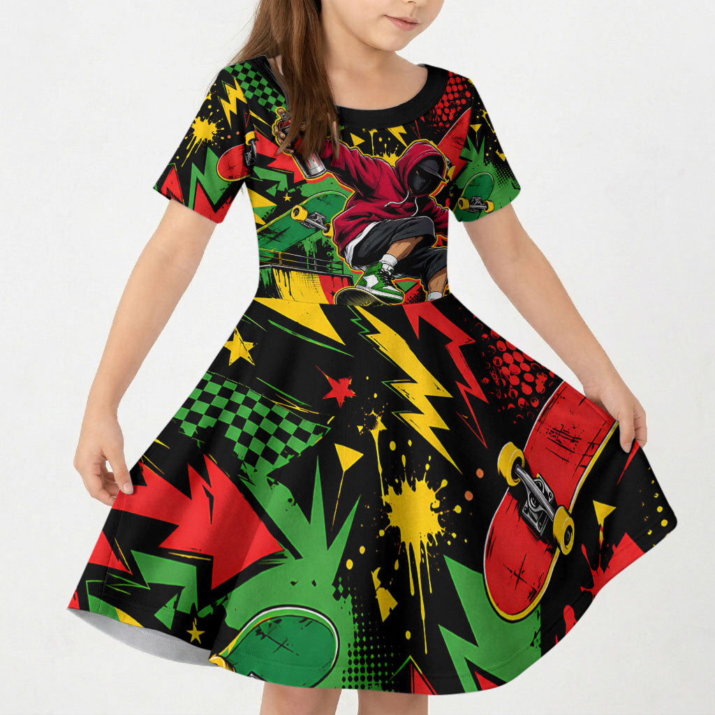 Skateboarder Spray Painter Kid Short Sleeve Dress Rasta Colors Graffiti Streetwear Pop Art Graphic