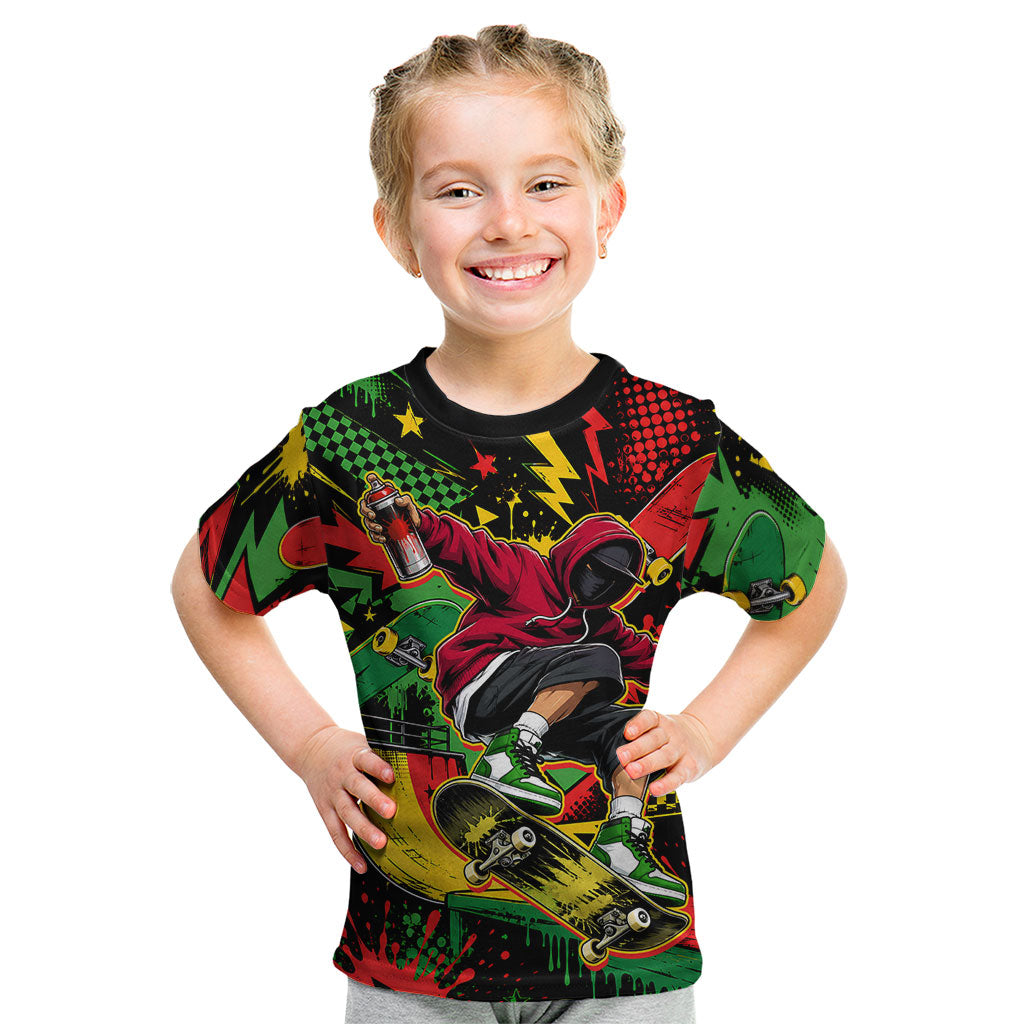 Skateboarder Spray Painter Kid T Shirt Rasta Colors Graffiti Streetwear Pop Art Graphic