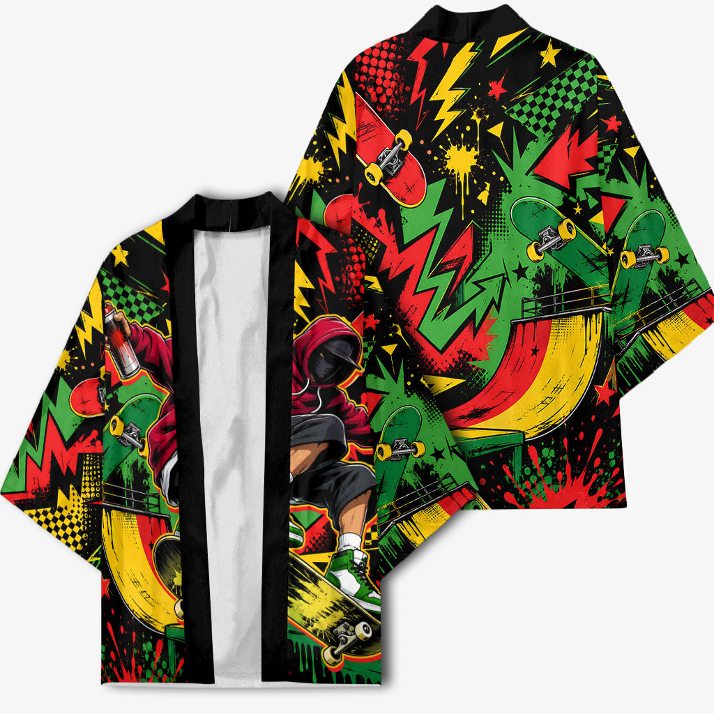 Skateboarder Spray Painter Kimono Rasta Colors Graffiti Streetwear Pop Art Graphic