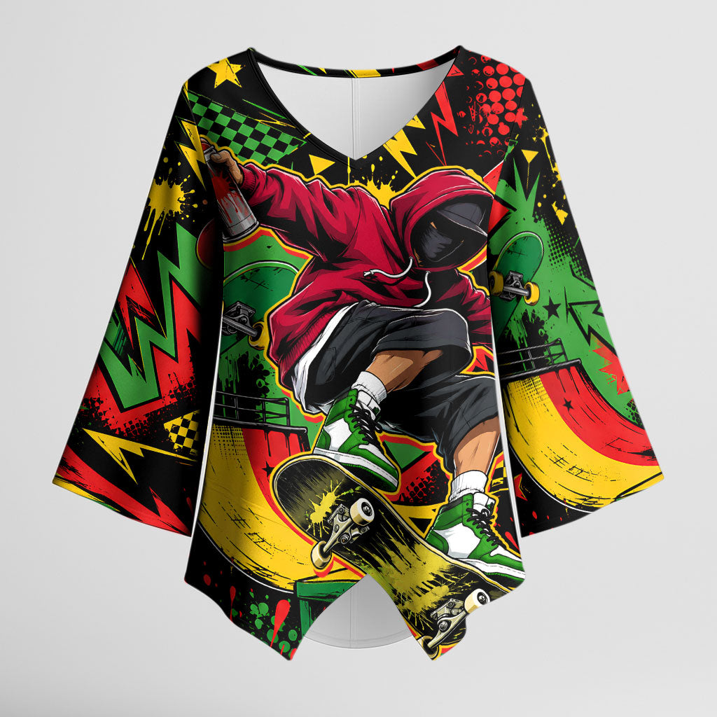 Skateboarder Spray Painter Kimono Sleeve Blouse Rasta Colors Graffiti Streetwear Pop Art Graphic