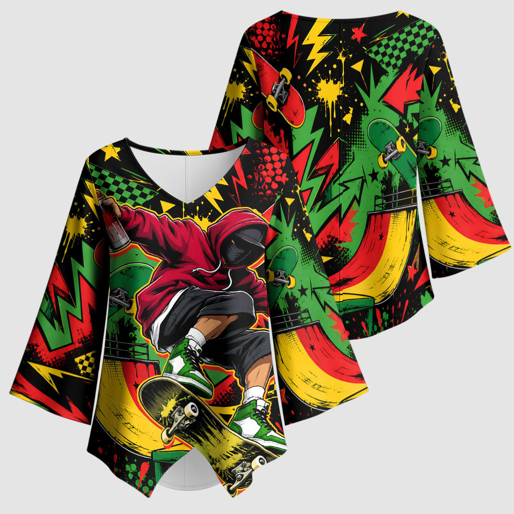 Skateboarder Spray Painter Kimono Sleeve Blouse Rasta Colors Graffiti Streetwear Pop Art Graphic