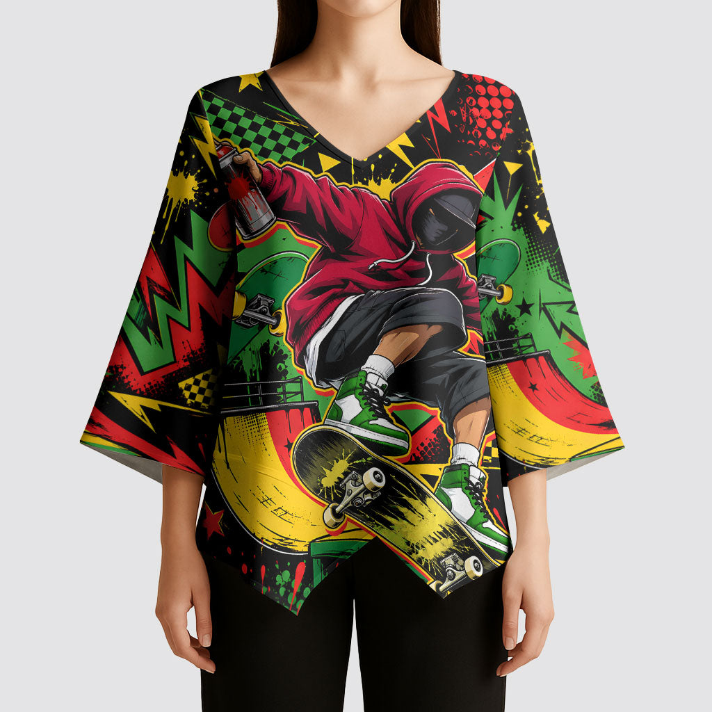 Skateboarder Spray Painter Kimono Sleeve Blouse Rasta Colors Graffiti Streetwear Pop Art Graphic