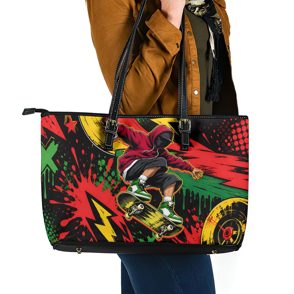 Skateboarder Spray Painter Leather Tote Bag Rasta Colors Graffiti Streetwear Pop Art Graphic