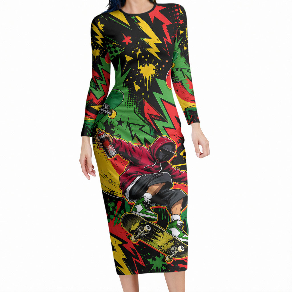Skateboarder Spray Painter Long Sleeve Bodycon Dress Rasta Colors Graffiti Streetwear Pop Art Graphic