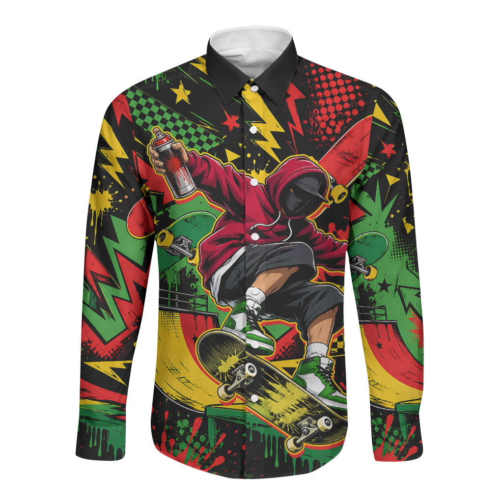 Skateboarder Spray Painter Long Sleeve Button Shirt Rasta Colors Graffiti Streetwear Pop Art Graphic