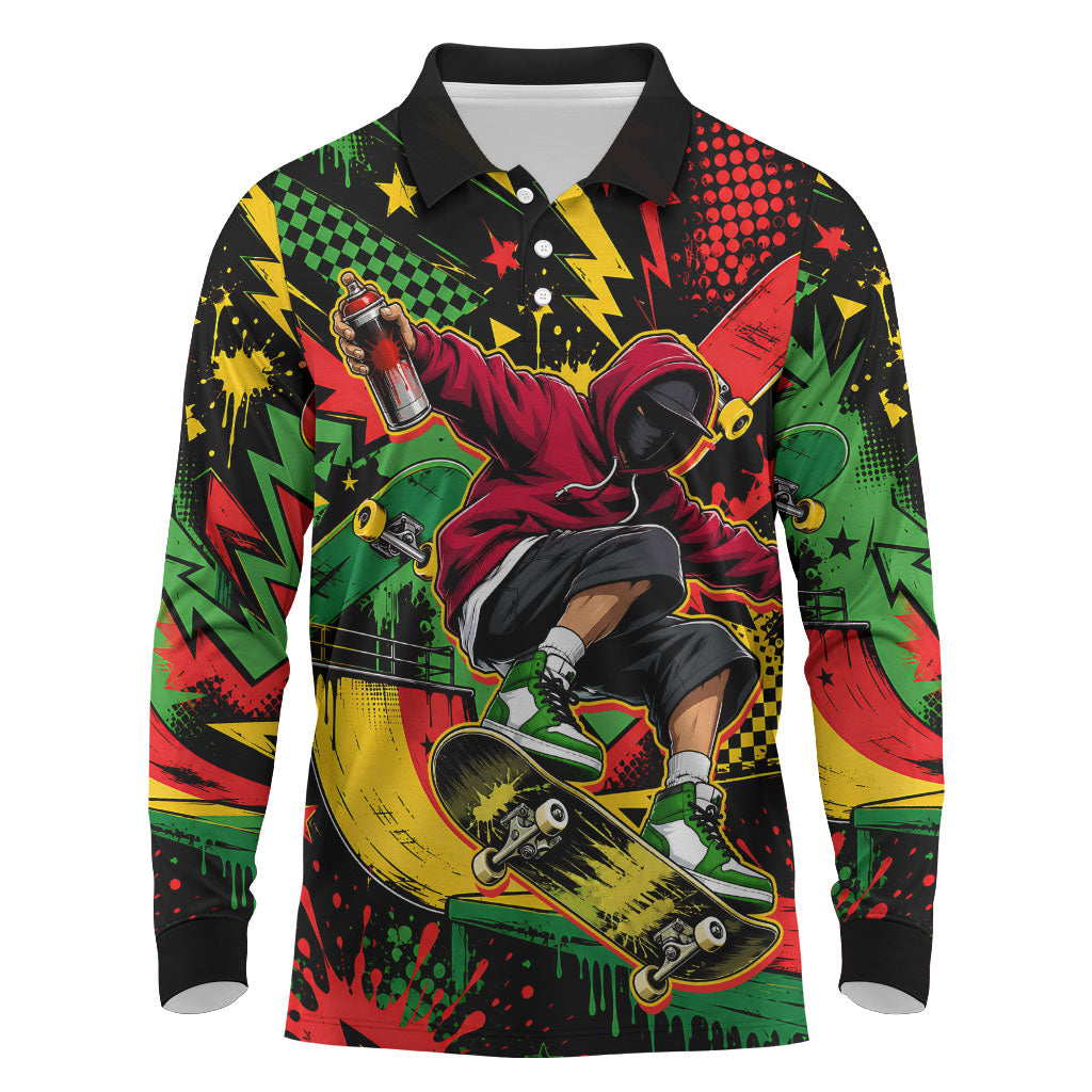 Skateboarder Spray Painter Long Sleeve Polo Shirt Rasta Colors Graffiti Streetwear Pop Art Graphic