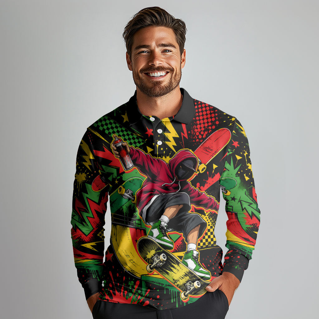 Skateboarder Spray Painter Long Sleeve Polo Shirt Rasta Colors Graffiti Streetwear Pop Art Graphic