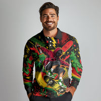 Skateboarder Spray Painter Long Sleeve Polo Shirt Rasta Colors Graffiti Streetwear Pop Art Graphic
