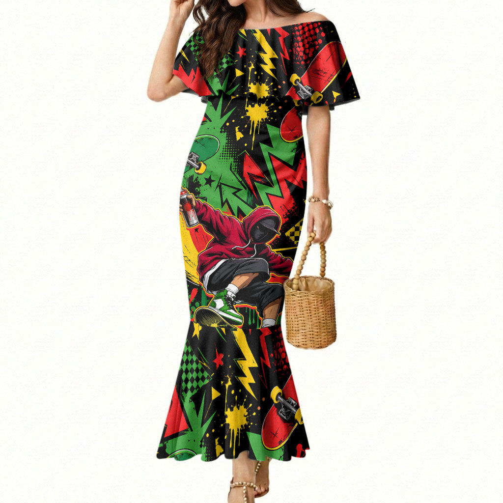 Skateboarder Spray Painter Mermaid Dress Rasta Colors Graffiti Streetwear Pop Art Graphic