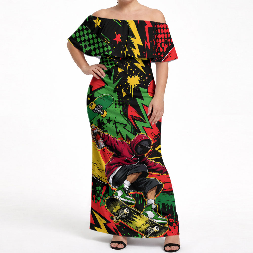 Skateboarder Spray Painter Off Shoulder Maxi Dress Rasta Colors Graffiti Streetwear Pop Art Graphic