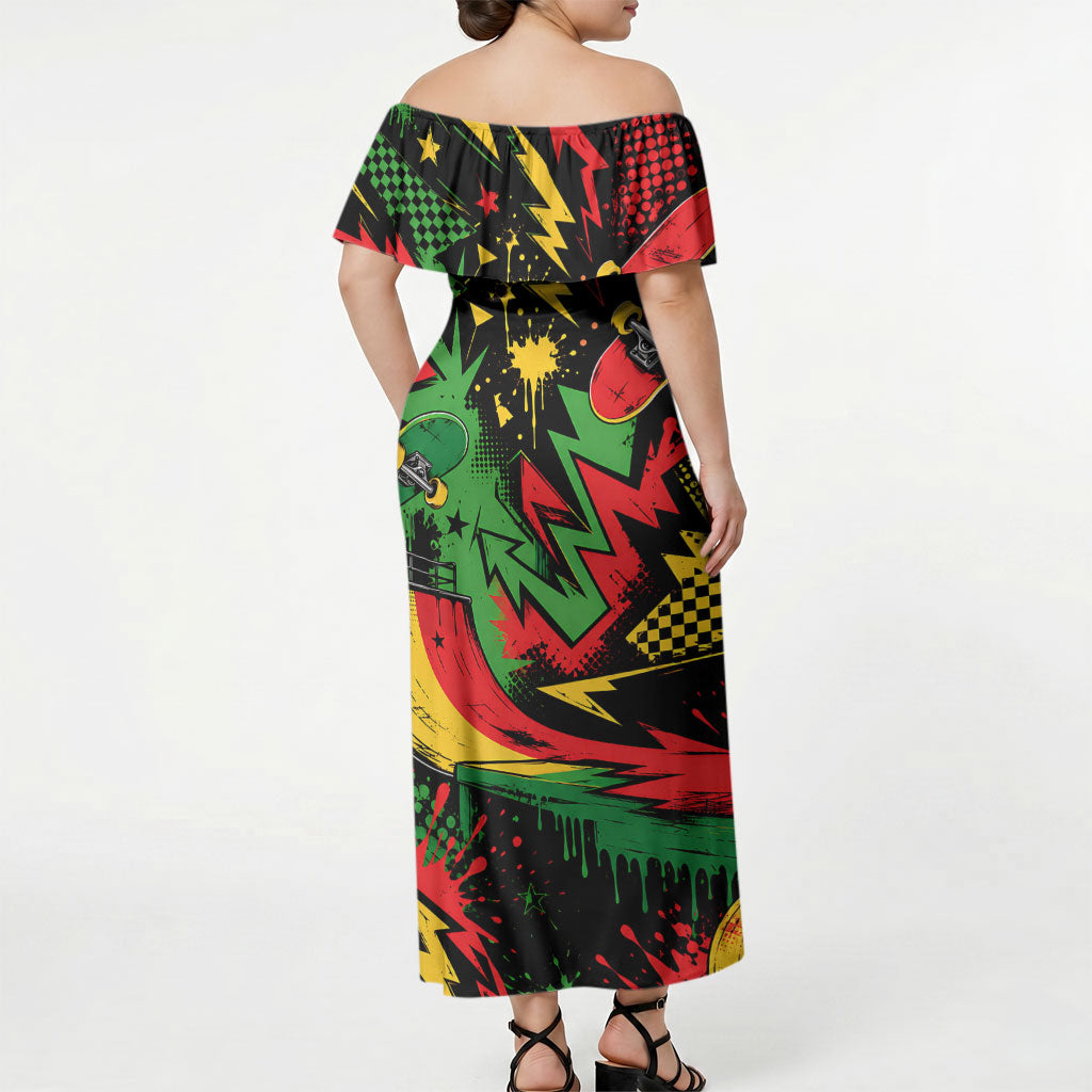 Skateboarder Spray Painter Off Shoulder Maxi Dress Rasta Colors Graffiti Streetwear Pop Art Graphic