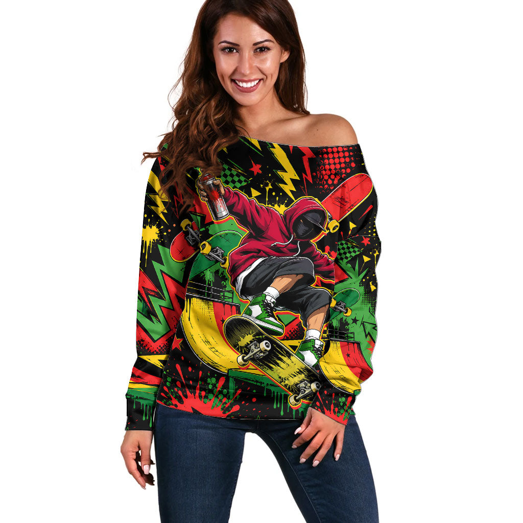 Skateboarder Spray Painter Off Shoulder Sweater Rasta Colors Graffiti Streetwear Pop Art Graphic