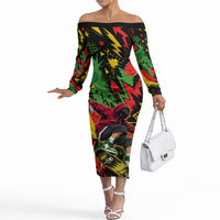 Skateboarder Spray Painter Off The Shoulder Long Sleeve Dress Rasta Colors Graffiti Streetwear Pop Art Graphic