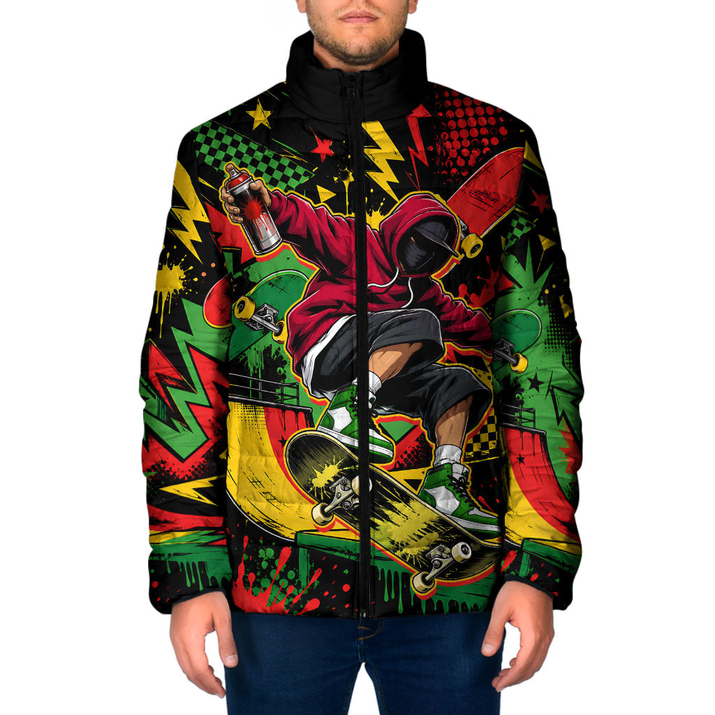 Skateboarder Spray Painter Padded Jacket Rasta Colors Graffiti Streetwear Pop Art Graphic