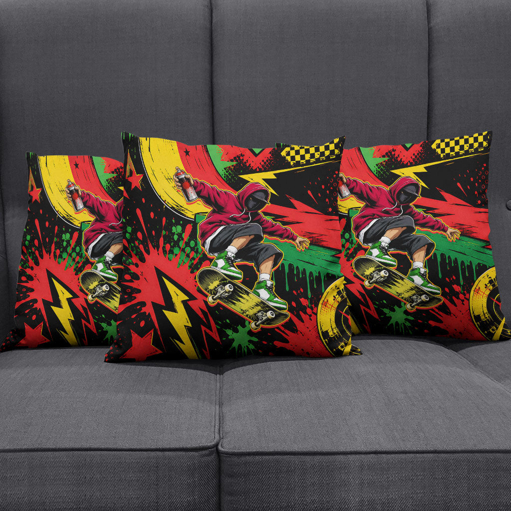 Skateboarder Spray Painter Pillow Cover Rasta Colors Graffiti Streetwear Pop Art Graphic
