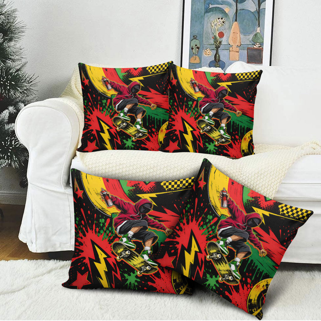 Skateboarder Spray Painter Pillow Cover Rasta Colors Graffiti Streetwear Pop Art Graphic
