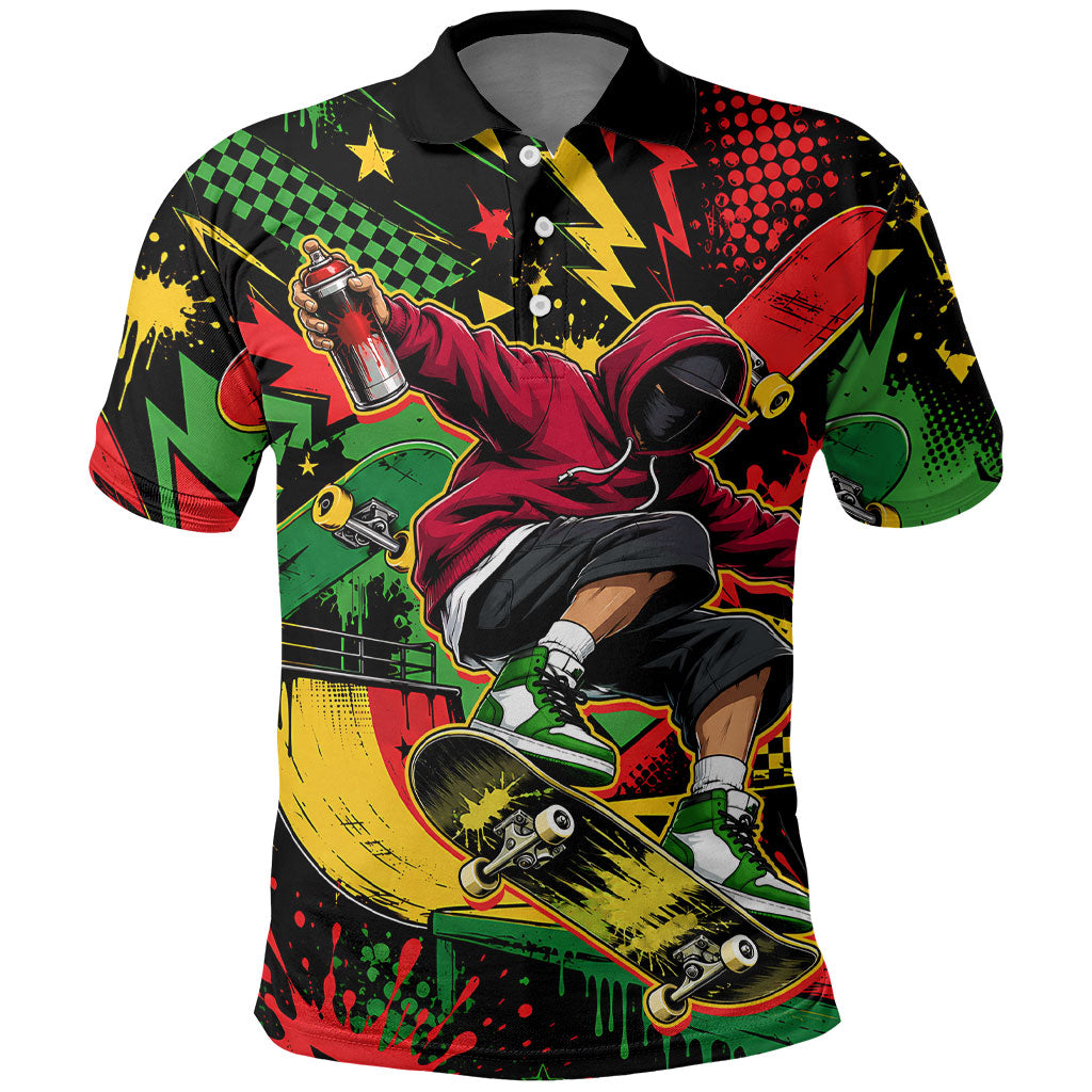 Skateboarder Spray Painter Polo Shirt Rasta Colors Graffiti Streetwear Pop Art Graphic