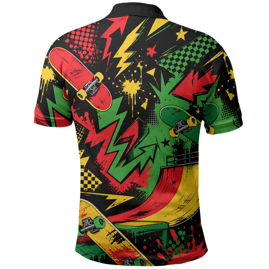 Skateboarder Spray Painter Polo Shirt Rasta Colors Graffiti Streetwear Pop Art Graphic