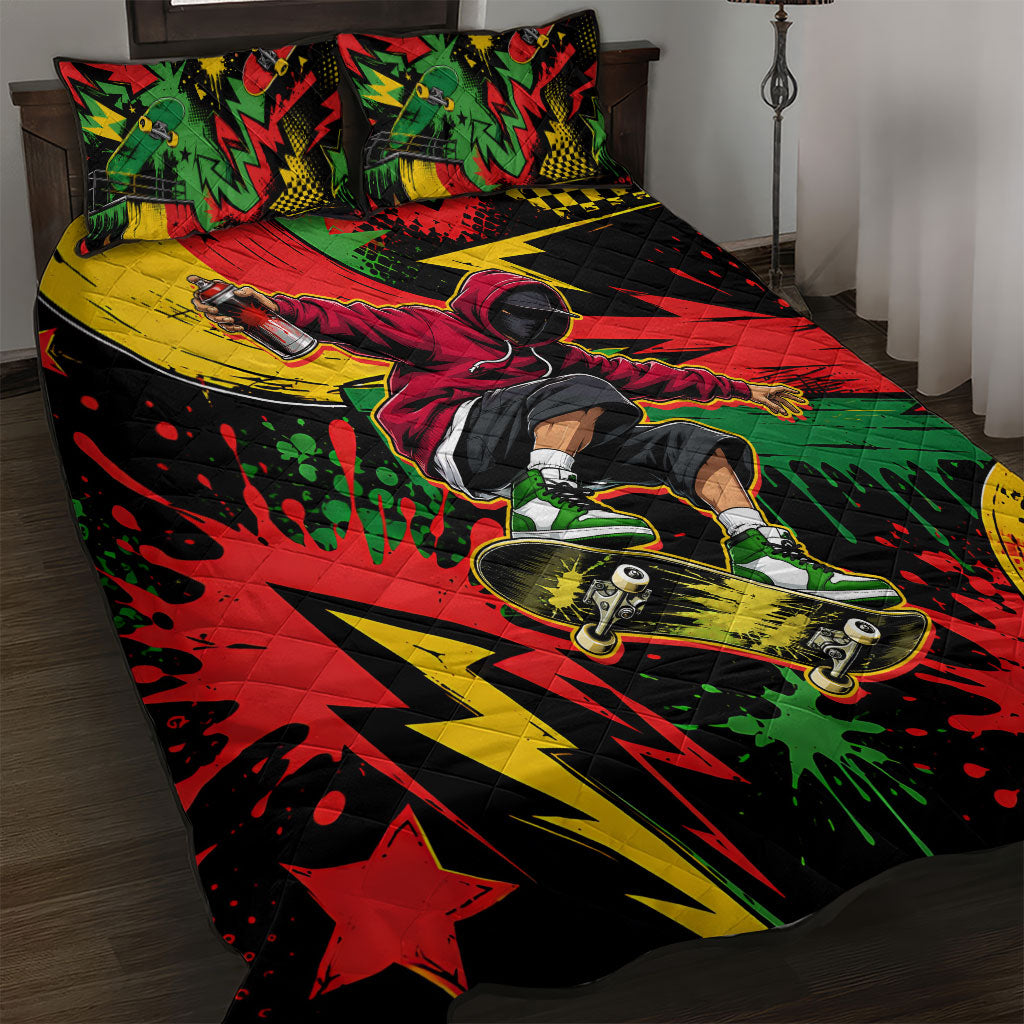 Skateboarder Spray Painter Quilt Bed Set Rasta Colors Graffiti Streetwear Pop Art Graphic