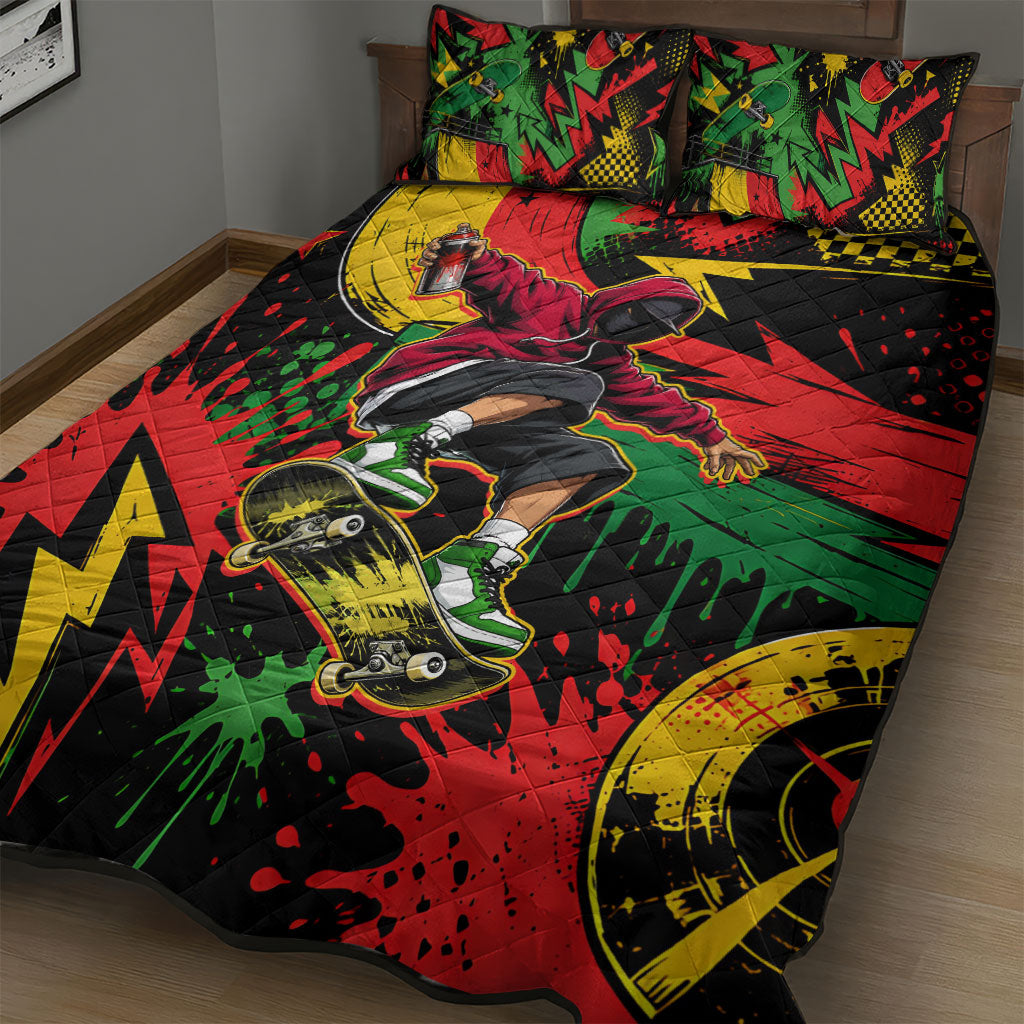 Skateboarder Spray Painter Quilt Bed Set Rasta Colors Graffiti Streetwear Pop Art Graphic