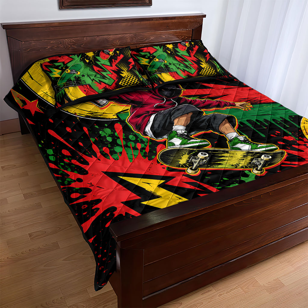 Skateboarder Spray Painter Quilt Bed Set Rasta Colors Graffiti Streetwear Pop Art Graphic