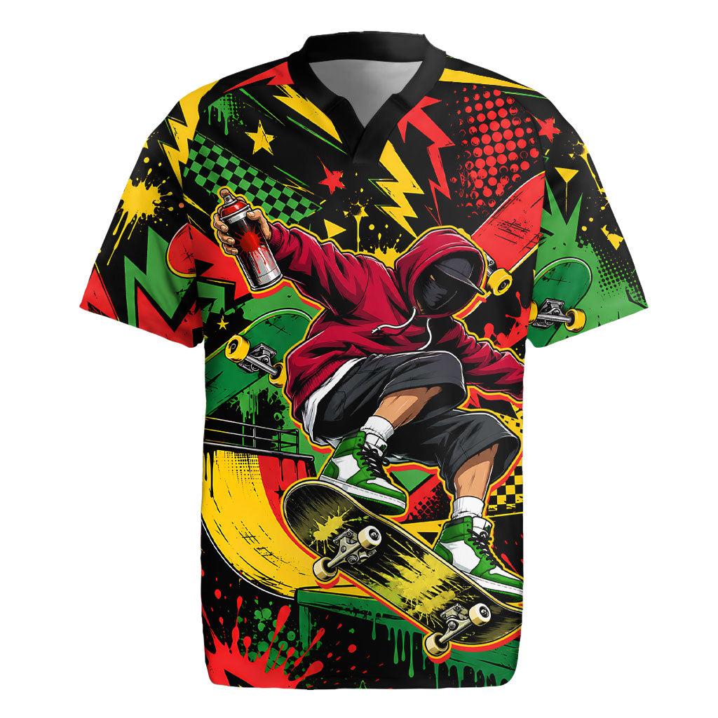 Skateboarder Spray Painter Rugby Jersey Rasta Colors Graffiti Streetwear Pop Art Graphic