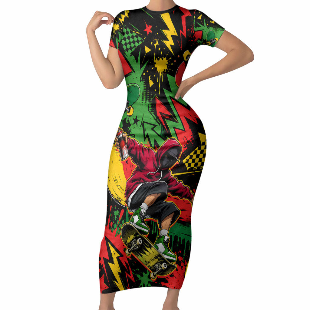 Skateboarder Spray Painter Short Sleeve Bodycon Dress Rasta Colors Graffiti Streetwear Pop Art Graphic