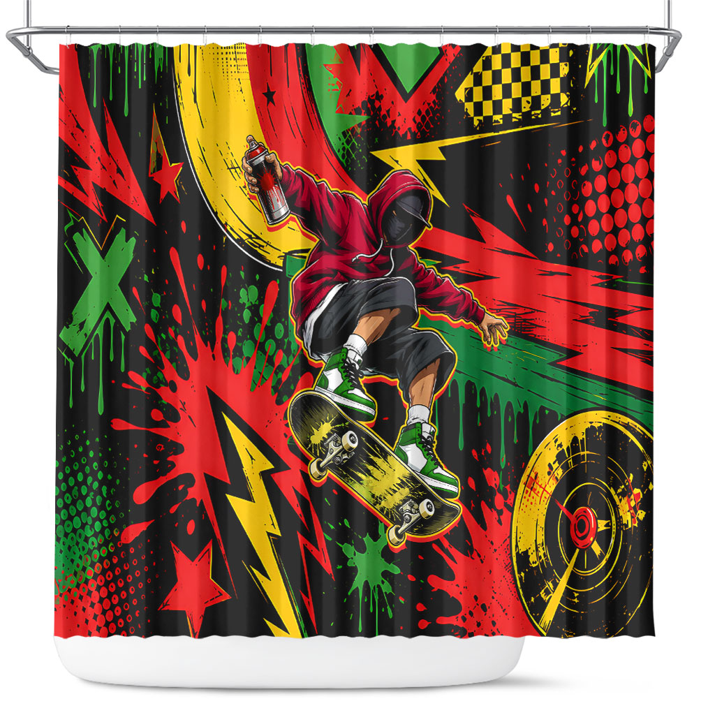 Skateboarder Spray Painter Shower Curtain Rasta Colors Graffiti Streetwear Pop Art Graphic