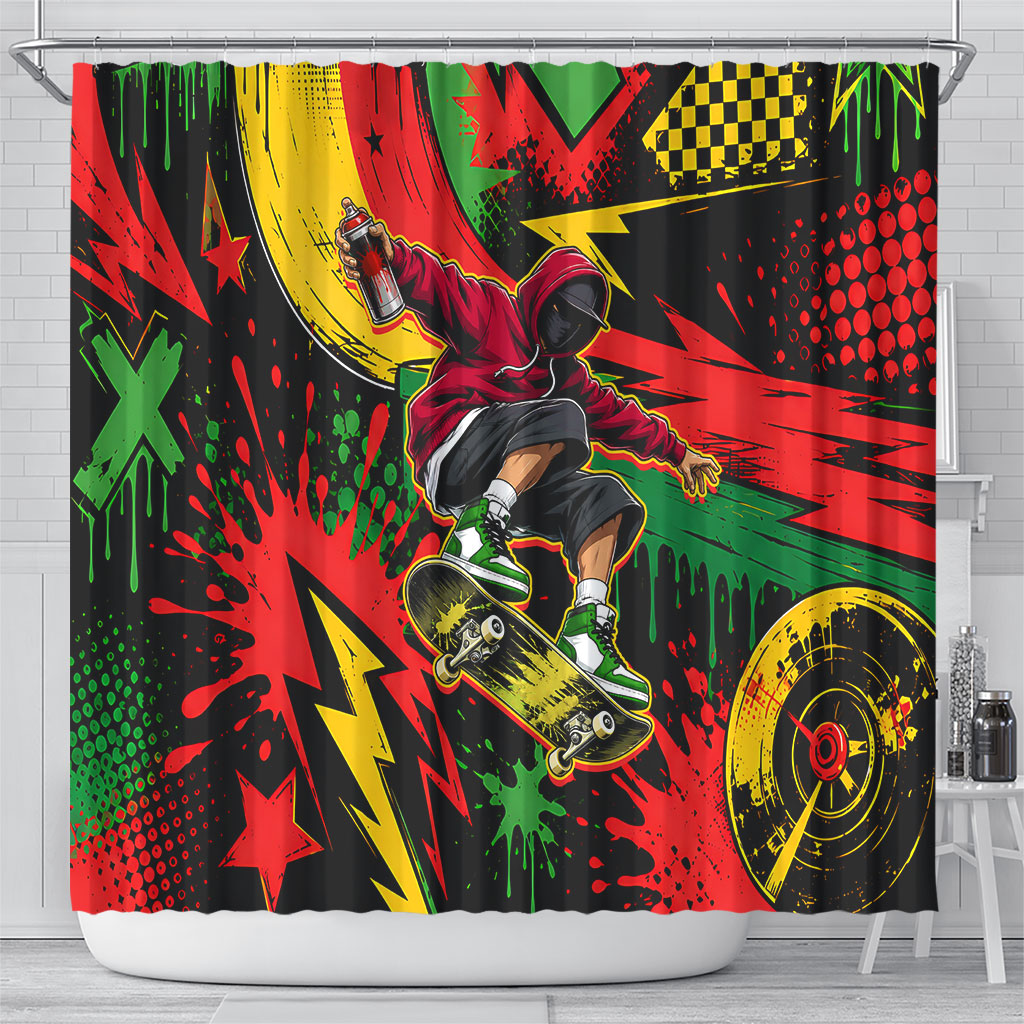 Skateboarder Spray Painter Shower Curtain Rasta Colors Graffiti Streetwear Pop Art Graphic