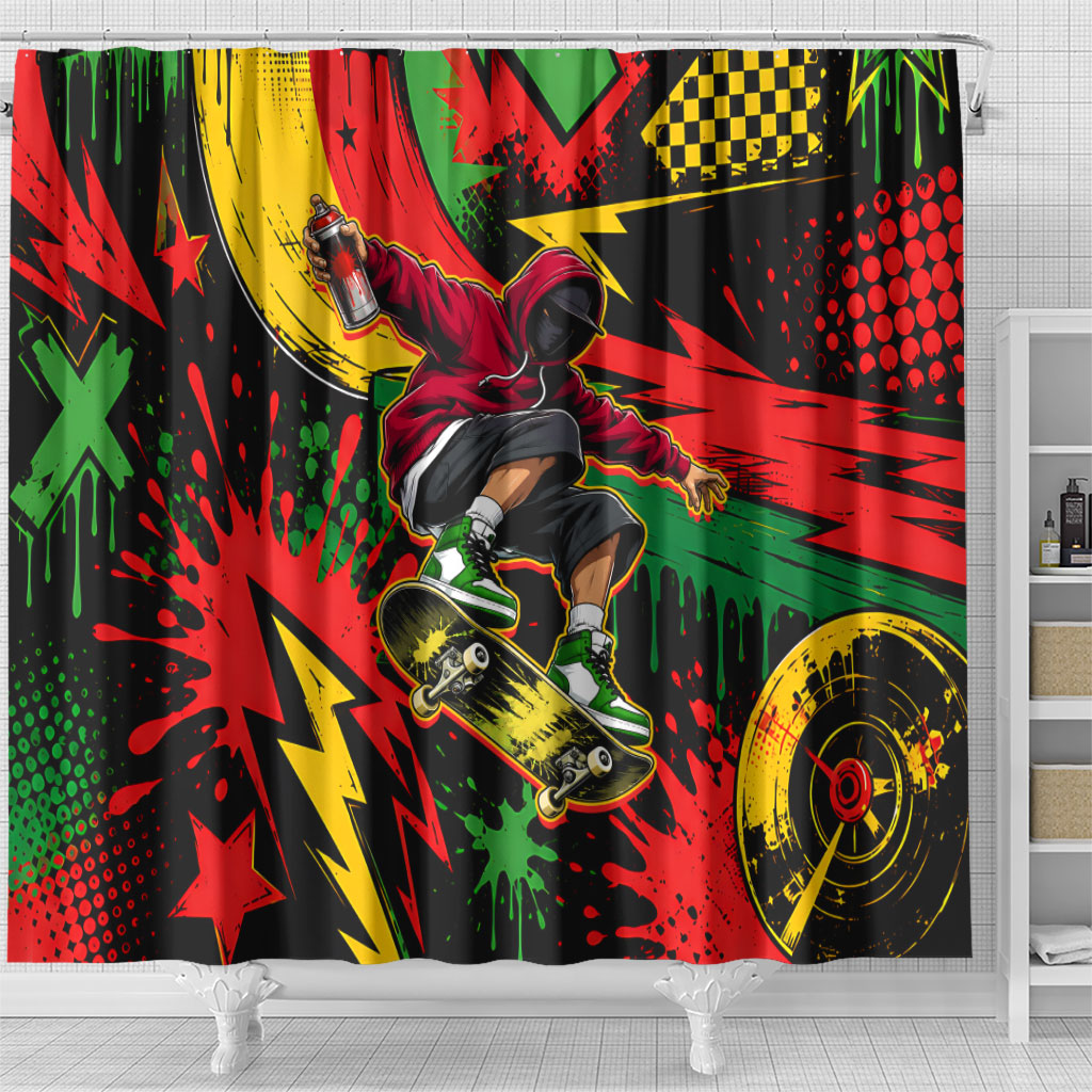 Skateboarder Spray Painter Shower Curtain Rasta Colors Graffiti Streetwear Pop Art Graphic
