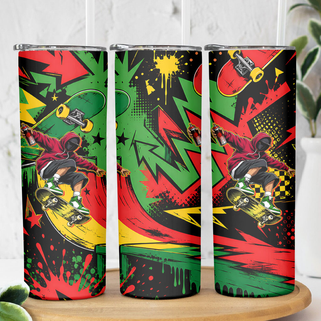 Skateboarder Spray Painter Skinny Tumbler Rasta Colors Graffiti Streetwear Pop Art Graphic