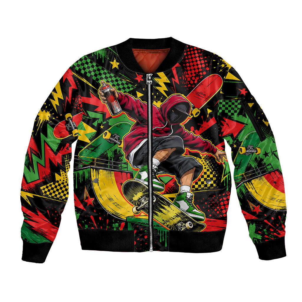 Skateboarder Spray Painter Sleeve Zip Bomber Jacket Rasta Colors Graffiti Streetwear Pop Art Graphic