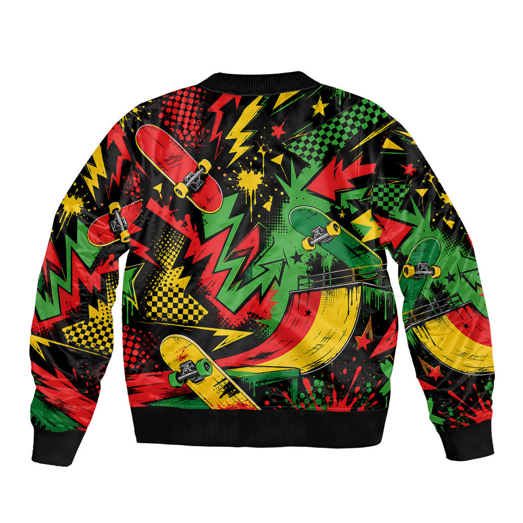 Skateboarder Spray Painter Sleeve Zip Bomber Jacket Rasta Colors Graffiti Streetwear Pop Art Graphic
