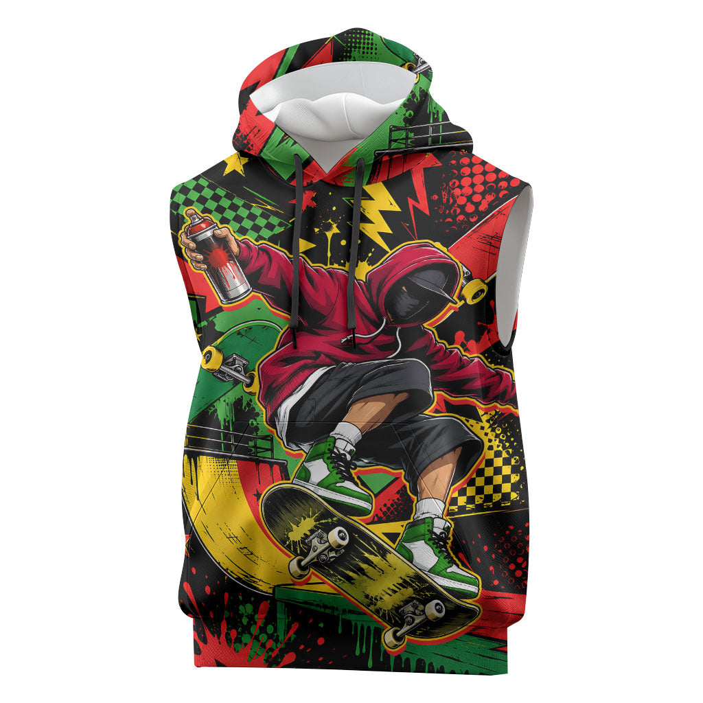 Skateboarder Spray Painter Sleeveless Hoodie Rasta Colors Graffiti Streetwear Pop Art Graphic