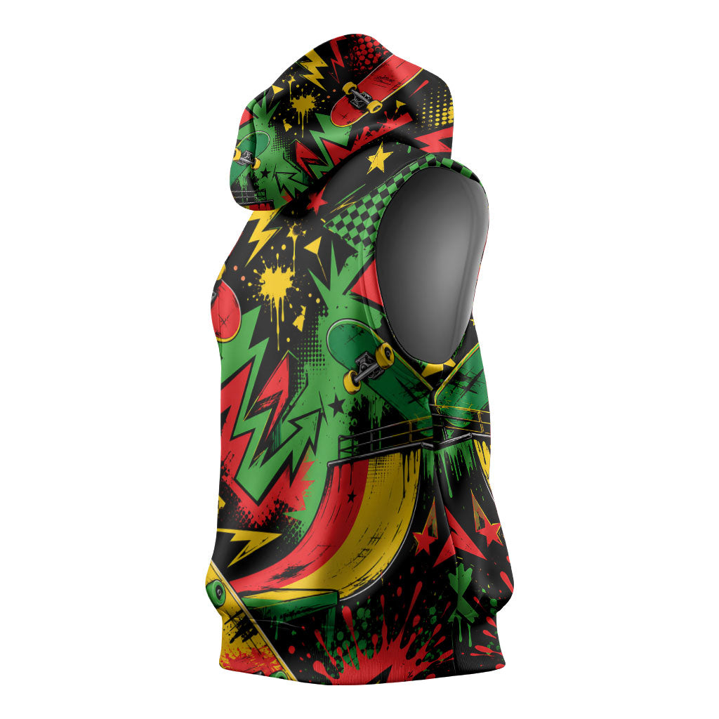 Skateboarder Spray Painter Sleeveless Hoodie Rasta Colors Graffiti Streetwear Pop Art Graphic