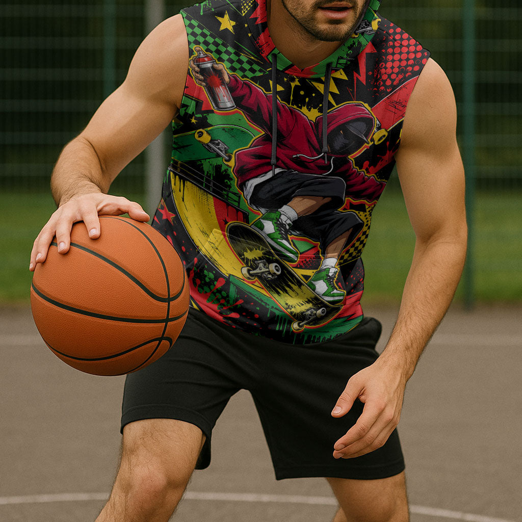 Skateboarder Spray Painter Sleeveless Hoodie Rasta Colors Graffiti Streetwear Pop Art Graphic